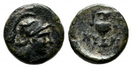 Aeolis, Myrina. Circa 400-200 BC. AE (9mm, 0.96g). Helmeted head of Athena right. / MY-PI. Amphora. SNG München 570; SNG Copenhagen 217.