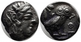 Attica, Athens. Circa 454-404 BC. AR Tetradrachm (24mm, 17.09g). Helmeted head of Athena right, with frontal eye. / Owl standing right, head facing; o...