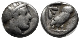 Attica, Athens. Circa 465/2-454 BC. AR Drachm (14mm, 4.05g). Helmeted head of Athena right, with frontal eye / Owl standing right, head facing, with s...