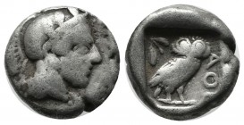 Attica, Athens. Circa 465/2-454 BC. AR Drachm (14mm, 4.09g). Helmeted head of Athena right, with frontal eye / Owl standing right, head facing, with s...