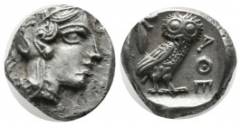 Attica, Athens. Circa 465/2-454 BC. AR Drachm (14mm, 4.25g). Helmeted head of Athena right, with frontal eye / Owl standing right, head facing, with s...