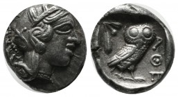 Attica, Athens. Circa 465/2-454 BC. AR Drachm (14mm, 4.29g). Helmeted head of Athena right, with frontal eye / Owl standing right, head facing, with s...
