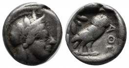Attica, Athens. Circa 465/2-454 BC. AR Drachm (15mm, 4.11g). Helmeted head of Athena right, with frontal eye / Owl standing right, head facing, with s...