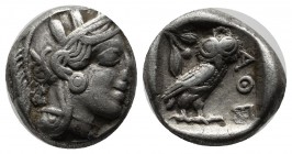 Attica, Athens. Circa 465/2-454 BC. AR Drachm (15mm, 4.18g). Helmeted head of Athena right, with frontal eye / Owl standing right, head facing, with s...