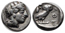 Attica, Athens. Circa 465/2-454 BC. AR Drachm (15mm, 4.20g). Helmeted head of Athena right, with frontal eye / Owl standing right, head facing, with s...