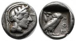 Attica, Athens. Circa 465/2-454 BC. AR Drachm (16mm, 4.19g). Helmeted head of Athena right, with frontal eye / Owl standing right, head facing, with s...