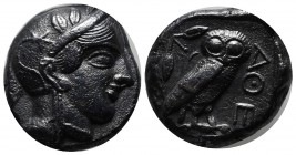 Attica, Athens, Circa 454-404 BC. AR Tetradrachm (23mm, 17.12g). Helmeted head of Athena right. / AΘE. Owl standing right, head facing; olive sprig an...