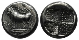 Bithynia, Kalchedon, Circa 367-340 BC. AR Hemidrachm (13mm, 3.83g). Forepart of bull left on grain ear; monogram to left / Three grain ears. SNG BM Bl...