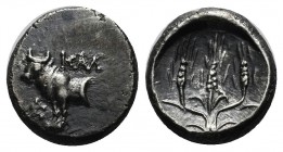 Bithynia, Kalchedon, Circa 367-340 BC. AR Hemidrachm (11mm, 1.93g). Forepart of bull left on grain ear; monogram to left / Three grain ears. SNG BM Bl...