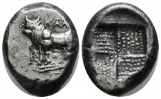Bithynia, Kalchedon. Circa 367/6-340 BC. AR Tetradrachm (24mm, 15.25g). Rhodian standard. Bull standing left [on grain ear]; B to left. / Quadripartit...