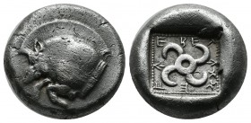 Dynasts of Lycia, Teththiveibi. Circa 450-430/20 BC. AR Stater (18mm, 8.43g). Forepart of a boar left / Tetraskeles within pelleted square border with...