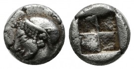 Ionia, Phokaia. Circa 521-478 BC. AR Diobol (9mm, 1.28g). Archaic female head left, wearing earring and helmet or close fitting cap. / Incuse square p...