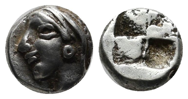 Ionia, Phokaia. Circa 521-478 BC. AR Diobol (9mm, 1.31g). Female head left, wear...