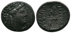 Ionia, Smyrna, (115-105 BC.) AE Homerion (20mm-8,58g). Magistrat Hermokles Pytheou. Laureate head of Apollo right / Monogram, [Σ]MYΡNAIΩ[N], the poet ...