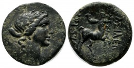 Kings of Bithynia. Prusias II Kynegos (182-149 BC). AE (22mm, 5.95g). Draped bust of Dionysos right, wearing ivy wreath. / BAΣIΛEΩΣ ΠΡΟYΣIOY. The cent...