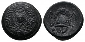 Kings of Macedon. Alexander III ‘The Great’ (336-323 BC). AE (15mm-4,18g). Uncertain mint in Asia Minor. Macedonian shield; on boss, head of Herakles ...