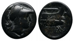 Kings of Macedon. Demetrios I Poliorketes, c.306-283 BC. AE (15mm-2.83g), uncertain mint, after 290. Head of Demetrios to right, wearing crested Corin...