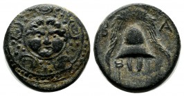 Kings of Macedon. Philip III Arrhidaios, 323-317 BC. AE (15mm, 3.93g). Salamis. Macedonian shield with facing gorgoneion on boss. / B A. Macedonian he...