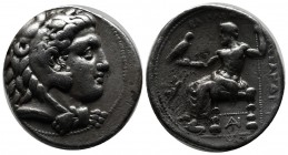 Kings of Macedon. Philip III Arrhidaios. 323-317 BC. AR Tetradrachm (29mm, 16.91g). In the name of Alexander III. Tarsos mint. Head of Herakles right,...