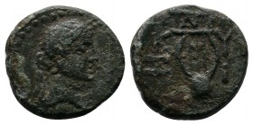 Mysia, Cyzicus. Pseudo-autonomous issue. 1st century AD. AE (12mm-1,93g). Laureate head of Apollo right. / Lyre; monogram above. Von Fritze III, group...
