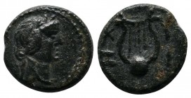 Mysia, Cyzicus. Pseudo-autonomous issue. 1st century AD. AE (13mm-1,68g). Laureate head of Apollo right / K Y Z I, Lyre. Von Fritze III, group IV, 42;...