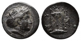 Mysia, Kyzikos, circa 300 BC. AE (12mm, 1.02g). Head of Kore Soteira right, hair bound in sakkos. / KY ZI. Tripod; crown above, monogram to right; bel...
