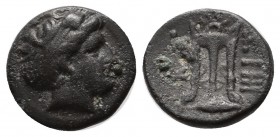 Mysia, Kyzikos, circa 300 BC. AR (11mm, 1.32g). Head of Kore Soteira right, hair bound in sakkos. / KY ZI. Tripod; crown above, monogram to right; bel...