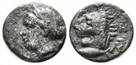 Mysia, Kyzikos, circa 390-340 BC. AR Drachm (15mm, 2.56g). Head of Kore Soteira, hair in sphendone. / Head of lion, tunny fish below. SNG.vAul.1223v. ...