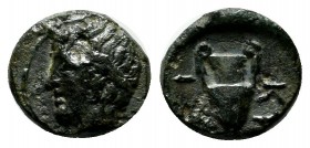 Mysia, Kyzikos, circa 400 BC. AE (9mm, 0.84g). Laureate head of Apollo left. / K[Y] -[H]I. Amphora; below, tunny right. SNG Copenhagen 57.