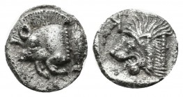 Mysia, Kyzikos, circa 480 BC. AR Obol (10mm, 0.82g). Forepart of boar left with tall mane and dotted end point, E (retrograde) on shoulder; to right, ...