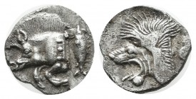 Mysia, Kyzikos, circa 480 BC. AR Obol (11mm, 0.88g). Forepart of boar left with tall mane and dotted end point, E (retrograde) on shoulder; to right, ...