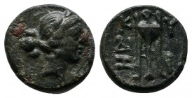 Mysia, Kyzikos. 3rd century BC. AE (10mm-1,25g). Head of Kore Soteira right. / K-Y/Ξ-I. Tripod, Δ monogram to left. SNG France 430 var.