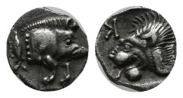 Mysia, Kyzikos. Circa 450-400 BC. AR Hemiobol (7mm, 0.36g). Forepart of boar right; to left, tunny upward. / Head of lion left; retrograde K to upper ...