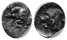 Mysia, Kyzikos. circa 480 BC. AR Obol (13mm, 0.79g). Forepart of boar left, E (retrograde) on shoulder, tunny upwards behind. / Head of roaring lion l...