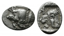 Mysia, Kyzikos. circa 480 BC. Obol AR (10mm, 0.75g). Forepart of boar left, tunny upward to right. / Head of roaring lion left, retrograde K to upper ...