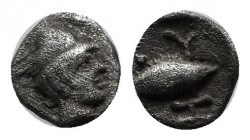 Mysia, Kyzikos. Circa 525-475 BC. AR Tetartemorion (6mm, 0.23g). Male head (Attis?) right. / Tunny right. Unpublished in the standard references, but ...