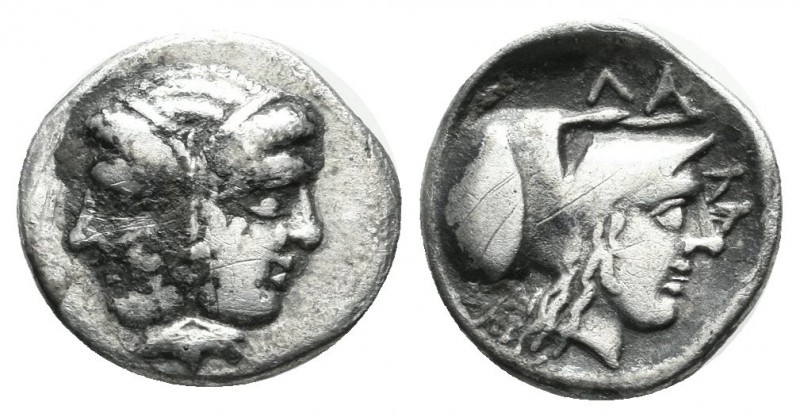 Mysia, Lampsakos circa 390-330 BC. AR Diobol (12mm, 1.22g). Janiform female head...