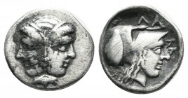 Mysia, Lampsakos circa 390-330 BC. AR Diobol (12mm, 1.22g). Janiform female head, with circular earring / ΛΑΜ, helmeted head of Athena right . very fi...