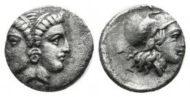 Mysia, Lampsakos. Circa.390-330 BC. Diobol AR (11mm, 1.14g). Janiform female head, with circular earring / [ΛΑ]-Μ; helmeted head of Athena right . SNG...