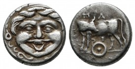 Mysia, Parion, circa 400 BC. AR Hemidrachm (13mm, 2.38g). Facing gorgoneion / Bull standing left, head right; ΠA-RI above and below, round shield belo...