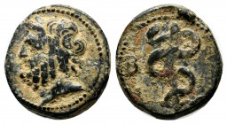 Mysia, Pergamon. 2nd century BC. AE (15mm, 3.67g). Head of Asklepios right / Serpent-entwined staff; B to left. SNG France 1860