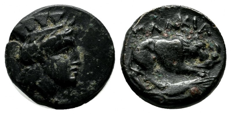 Mysia, Plakia, circa 400 BC. AE (12mm, 1.92g). Turreted head of Kybele right. / ...