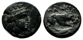 Mysia, Plakia, circa 400 BC. AE (12mm, 1.92g). Turreted head of Kybele right. / ΠΛΑΚΙΑ. Lion standing right, devouring prey; below, grain ear right. S...