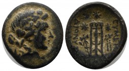 Phrygia, Eumeneia. Circa 133-30 BC. AE (23mm, 7.02g). Wreathed head of young Dionysos right / Tripod; star above; to left, star above serpent-entwined...
