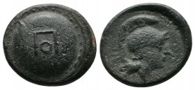 Pisidia, Selge. ca 2nd-1st cent BC. AE (17mm-5,01g). Round shield with ΠΟ monogram in center / Head of Athena right, wearing Attic helmet. BMC 55.