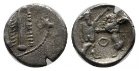 Samaria. Circa 400-300 BC. Obol AR (10mm, 0.66g). Sidonian galley to left over waves. / Persian king fighting lion, O between. fine Meshorer and Qedar...