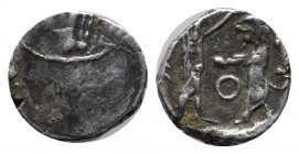 Samaria. Circa 400-300 BC. Obol AR (9mm, 0.67g). Sidonian galley to left over waves. / Persian king fighting lion, O between. fine Meshorer and Qedar ...
