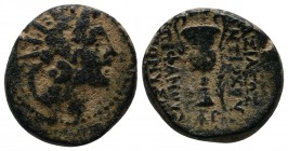 Seleukid Kingdom, Antiochos VI Dionysos. 144-142 BC. AE (18mm-5,85g). Perhaps Chalkis by Belos mint. Struck early 144 BC. Radiate and diademed head of...