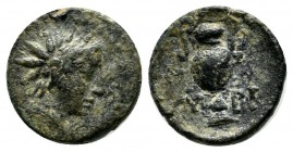 Aeolis, Myrina. 2nd-1st centuries BC. AE (12mm, 1.61g). Radiate head of Helios right / Amphora. SNG München 574; SNG Copenhagen 226.