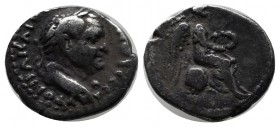 Cappadocia, Caesarea. Vespasian (69-79). AR Hemidrachm (13mm, 1.69g). AD 69-79. Laureate head right. / Nike seated right on globe, holding wreath. RPC...